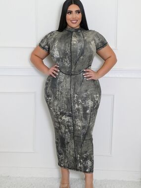Plus Size Black Marble-Print Midi Dress